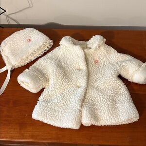 Vintage Baby Girl Sherpa Coat & Bonnet Set Ivory Faux Fur Lace Trim